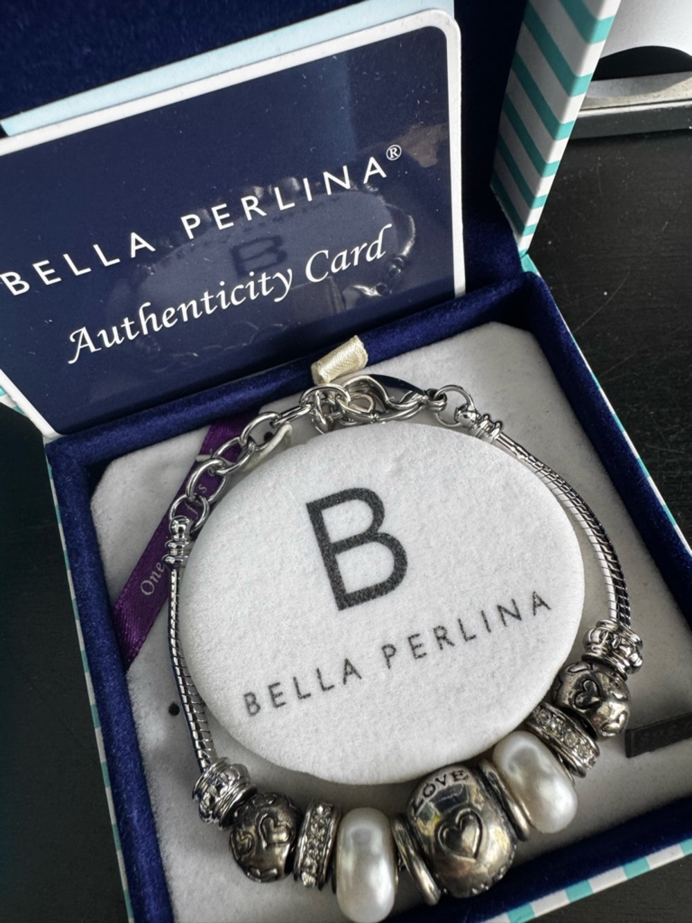 bella Perlina Silver-Tone Pearl & Heart Charm Bracelet